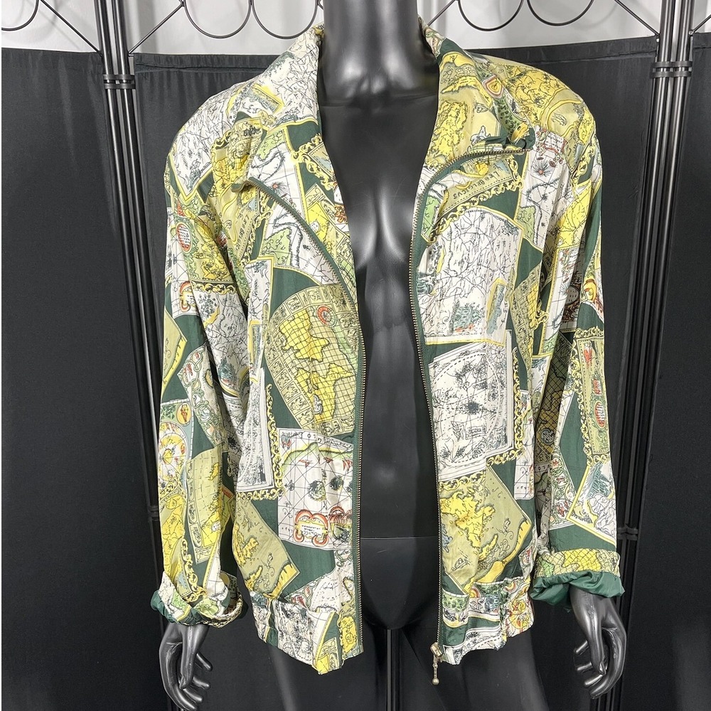 River Edge Silk Bomber Jacket Vintage Map Print‎ Full Zip Lightweight M